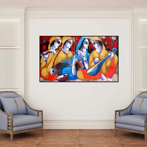 'Music Vi' painting by Sekhar Roy shown on a wall in a furnished room.