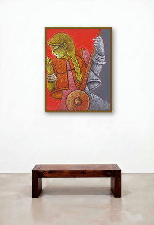 Music Vii (Crimson Harmony) by artist Satyajeet Shinde displayed in a Boutique Hotel Style Foyer