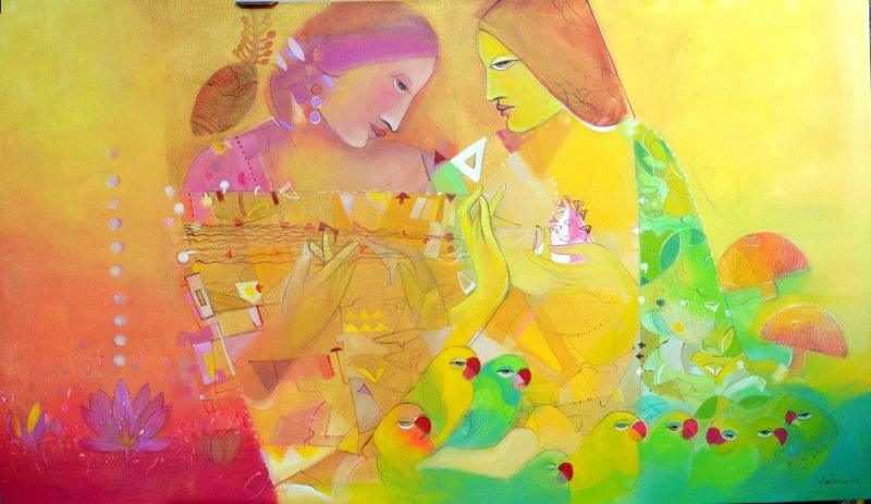 Abstract acrylic painting titled 'Music Within', 32x56 inches, by artist Madan Lal on Canvas