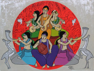 Musical Band (The Celestial Symphony) by Chetan Katigar, Original Acrylic Contemporary Painting on Canvas, Small Horizontal Wall Art