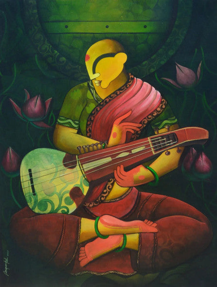 'Musical Blossoms' figurative acrylic painting by artist Anupam Pal, 47x36 inch, on canvas