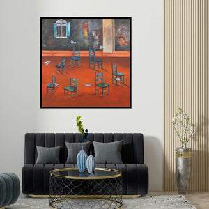 Isha Bawiskar's 'Musical Chair (The Waiting Room)' painting visualized above a sofa in a contemporary room.