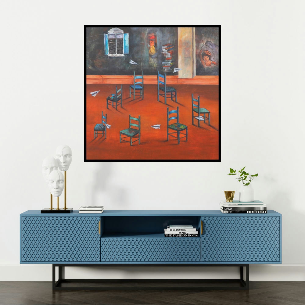 'Musical Chair (The Waiting Room)' painting by Isha Bawiskar shown on a wall in a furnished room.