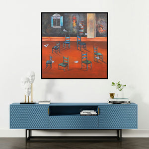 'Musical Chair (The Waiting Room)' painting by Isha Bawiskar shown on a wall in a furnished room.