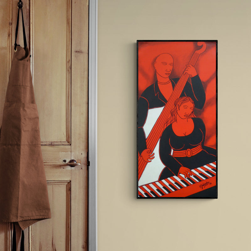 In-situ view of Mukesh's 'Musical Couple' painting in a room