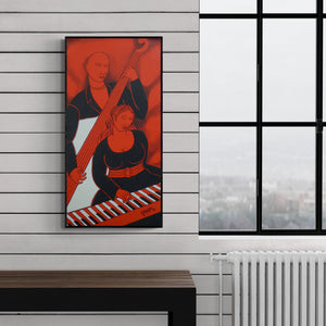 Preview of 'Musical Couple' Painting by Mukesh shown on a wall in a furnished room.