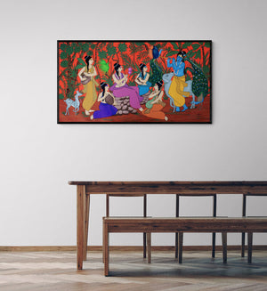 In-situ view of Chetan Katigar's 'Musical Delusion (Krishna's Divine Ensemble)' painting in a room