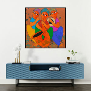 'Musical Enjoy 1' painting by Dnyaneshwar Bembade shown on a wall in a furnished room.