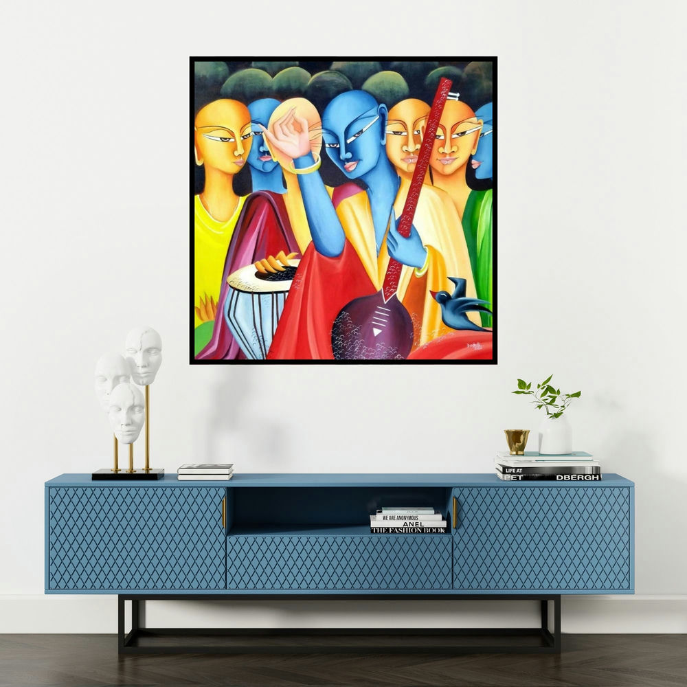'Musical Ensemble' painting by Deepali Mundra shown on a wall in a furnished room.