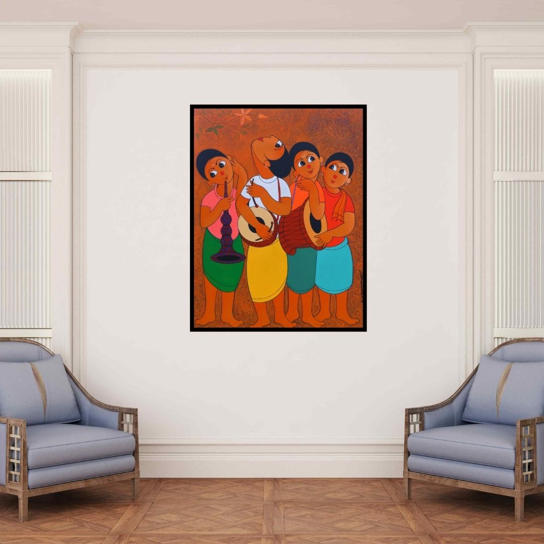 In-situ view of Dnyaneshwar Bembade's 'Musical Environment' painting in a room