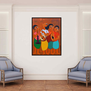 In-situ view of Dnyaneshwar Bembade's 'Musical Environment' painting in a room