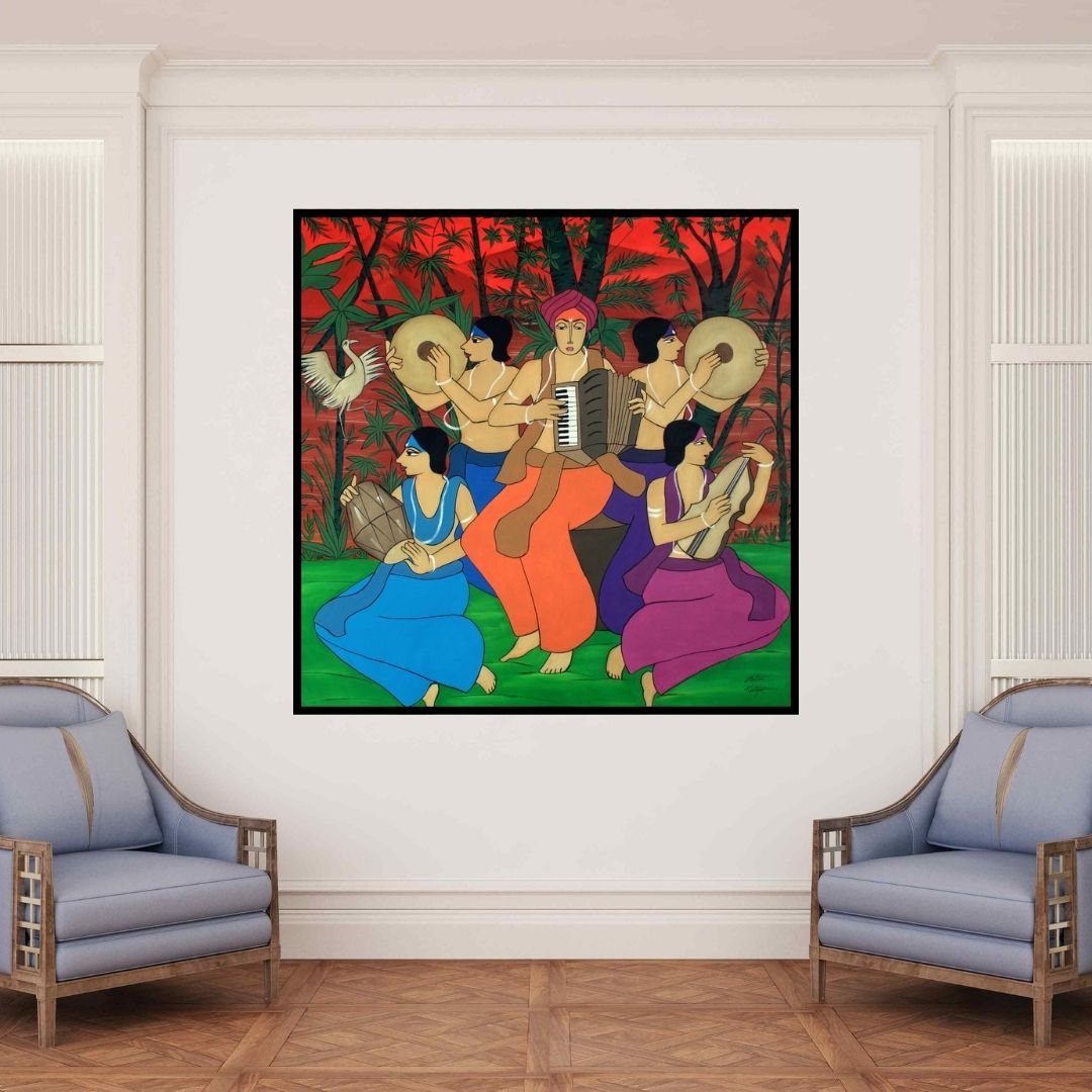 In-situ view of Chetan Katigar's 'Musical Evening' painting in a room