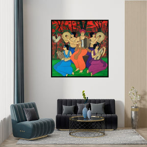 Preview of 'Musical Evening' Painting by Chetan Katigar shown on a wall in a furnished room.