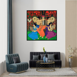 Preview of 'Musical Evening' Painting by Chetan Katigar shown on a wall in a furnished room.