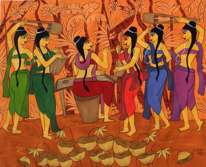 Figurative acrylic painting titled 'Musical Evening', 40x48 inches, by artist Chetan Katigar on Canvas