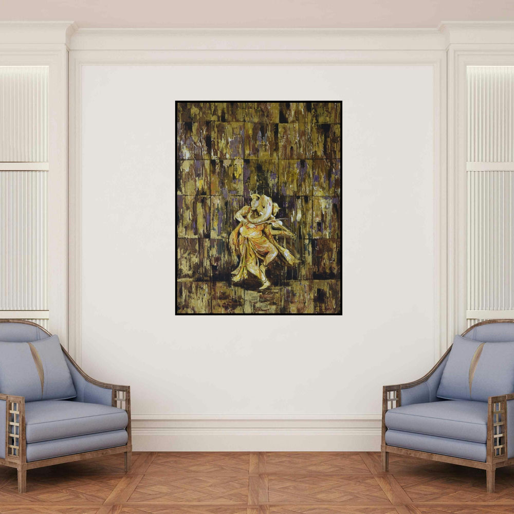 'Musical Ganesha (Dancing Ganesha)' painting by Durshit Bhaskar shown on a wall in a furnished room.