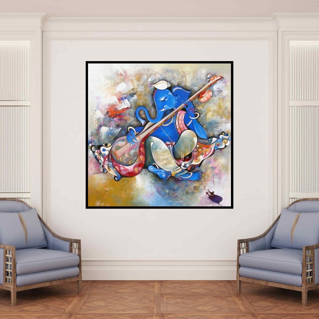 In-situ view of M Singh's 'Musical Ganesha (Serenade)' painting in a room