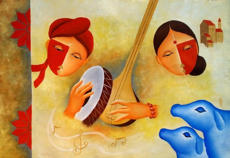 Figurative oil painting titled 'musical love 3', 24x35 inches, by artist Chetan Katigar on Canvas