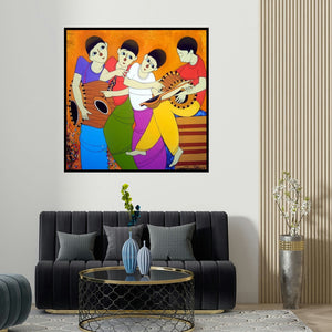 Dnyaneshwar Bembade's 'Musical Man' painting visualized above a sofa in a contemporary room.