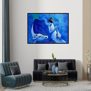 Preview of 'Musician And The Cow (Blue Rhapsody: A Serenade to Contentment)' Painting by Narayan Shelke shown on a wall in a furnished room.