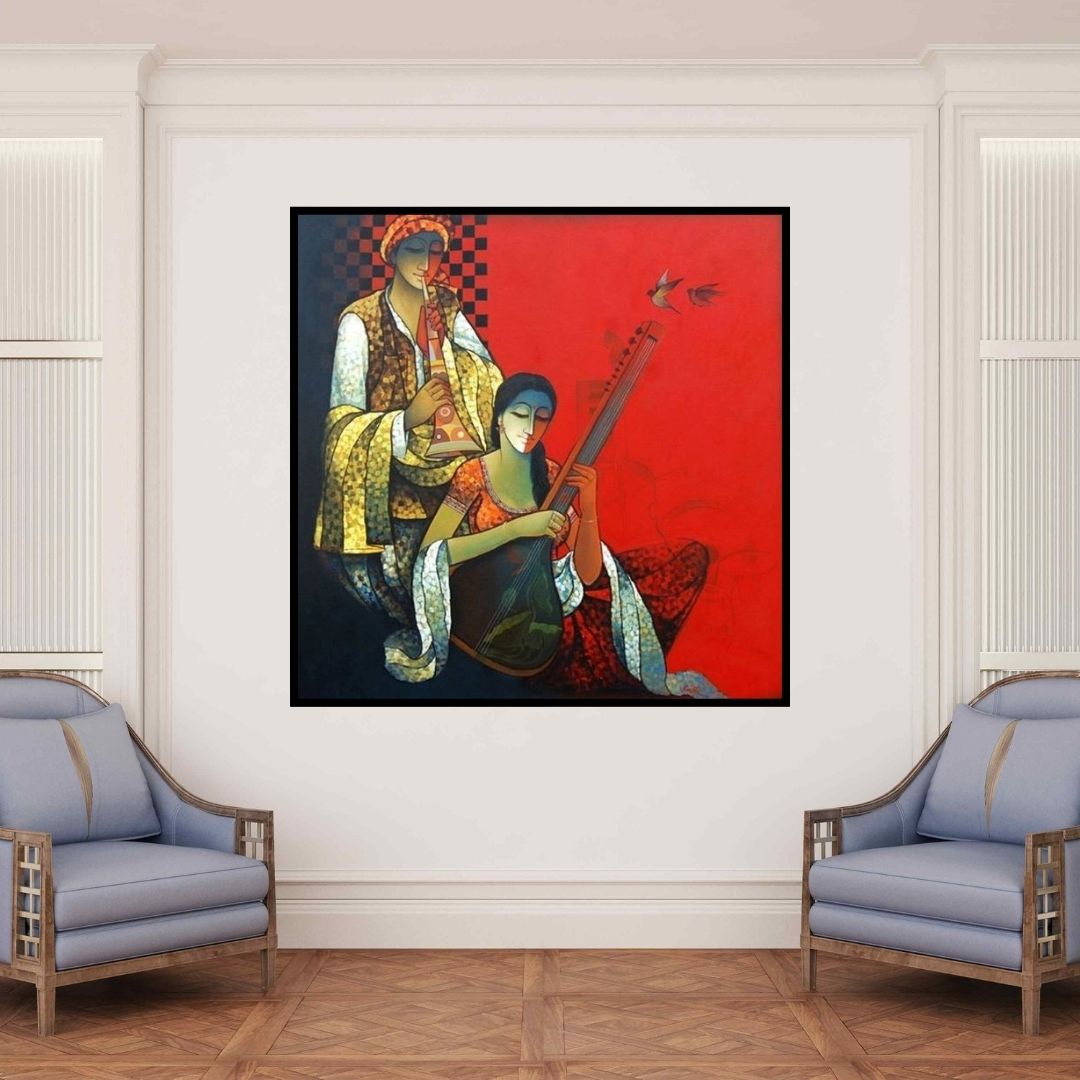 In-situ view of Ram Onkar's 'Musician Couple I' painting in a room