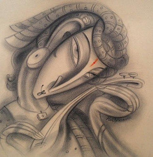 Musician Iii (The Musing Maestro) by Ramesh Pachpande, Original Charcoal Figurative Painting on Paper, X-Small Square Wall Art