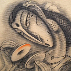 Musician Iv (Aurelian Gaze) by Ramesh Pachpande, Original Charcoal Figurative Painting on Paper, X-Small Square Wall Art