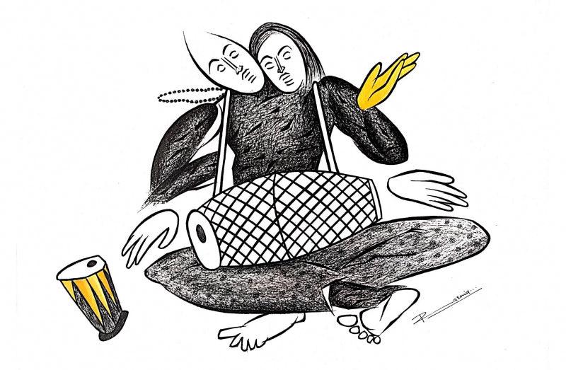 Figurative pen ink drawing titled 'Musician Series 19', 13x19 inches, by artist Rashid Ahamad on Paper