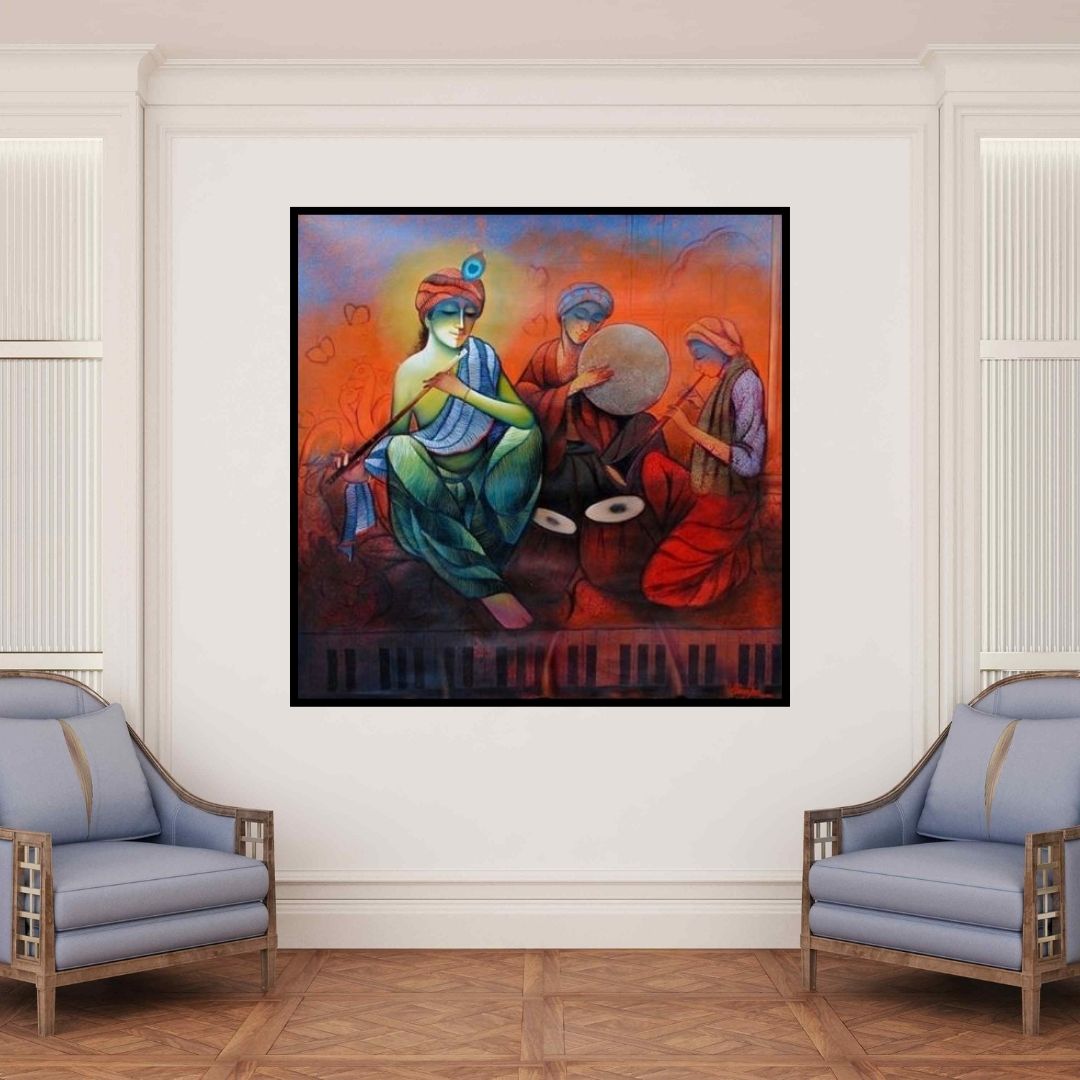 In-situ view of Ram Onkar's 'The Musicians' painting in a room