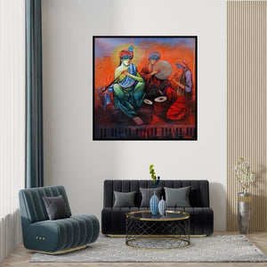 Preview of 'The Musicians' Painting by Ram Onkar shown on a wall in a furnished room.