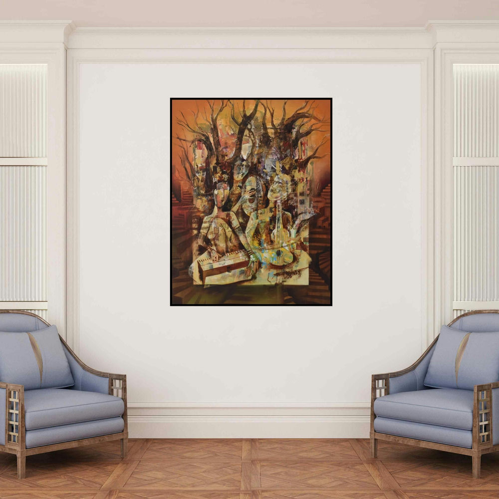 'Musicians (Rhythm of the Woods)' painting by Durshit Bhaskar shown on a wall in a furnished room.