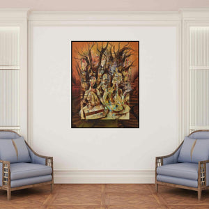 'Musicians (Rhythm of the Woods)' painting by Durshit Bhaskar shown on a wall in a furnished room.