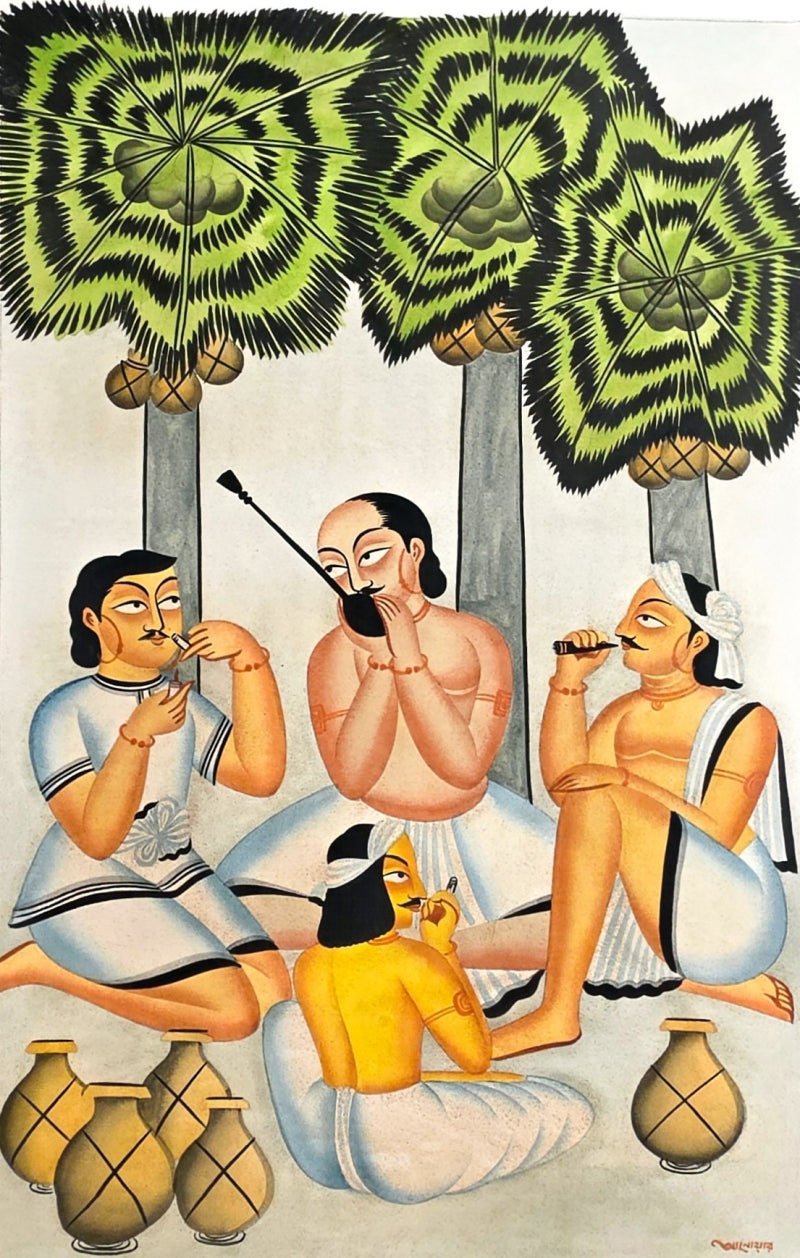 Musicians' figurative kalighat Traditional Art by artist Anwar Chitrakar, 22x14 inch, on paper