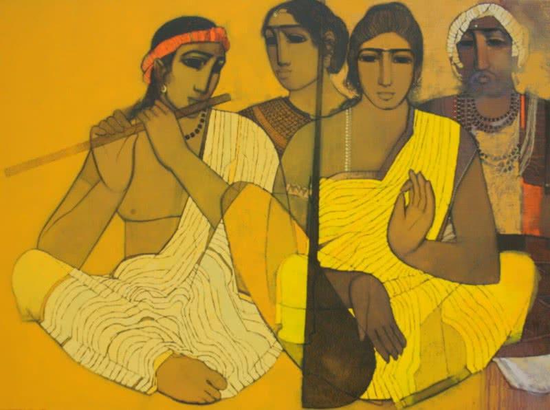 Figurative acrylic painting titled 'Musicians II', 36x48 inches, by artist Siddharth Shingade on Canvas