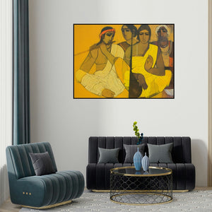 'Musicians Ii' painting by Siddharth Shingade shown on a wall in a furnished room.