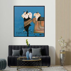 Ag Nellagi's 'My Bull' painting visualized above a sofa in a contemporary room.