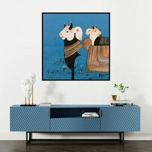 'My Bull' painting by Ag Nellagi shown on a wall in a furnished room.