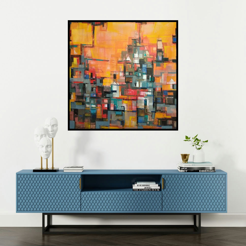 'My City' painting by Praveen Kumar shown on a wall in a furnished room.