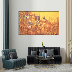 Priyanka Das's 'My Construction 1' painting visualized above a sofa in a contemporary room.