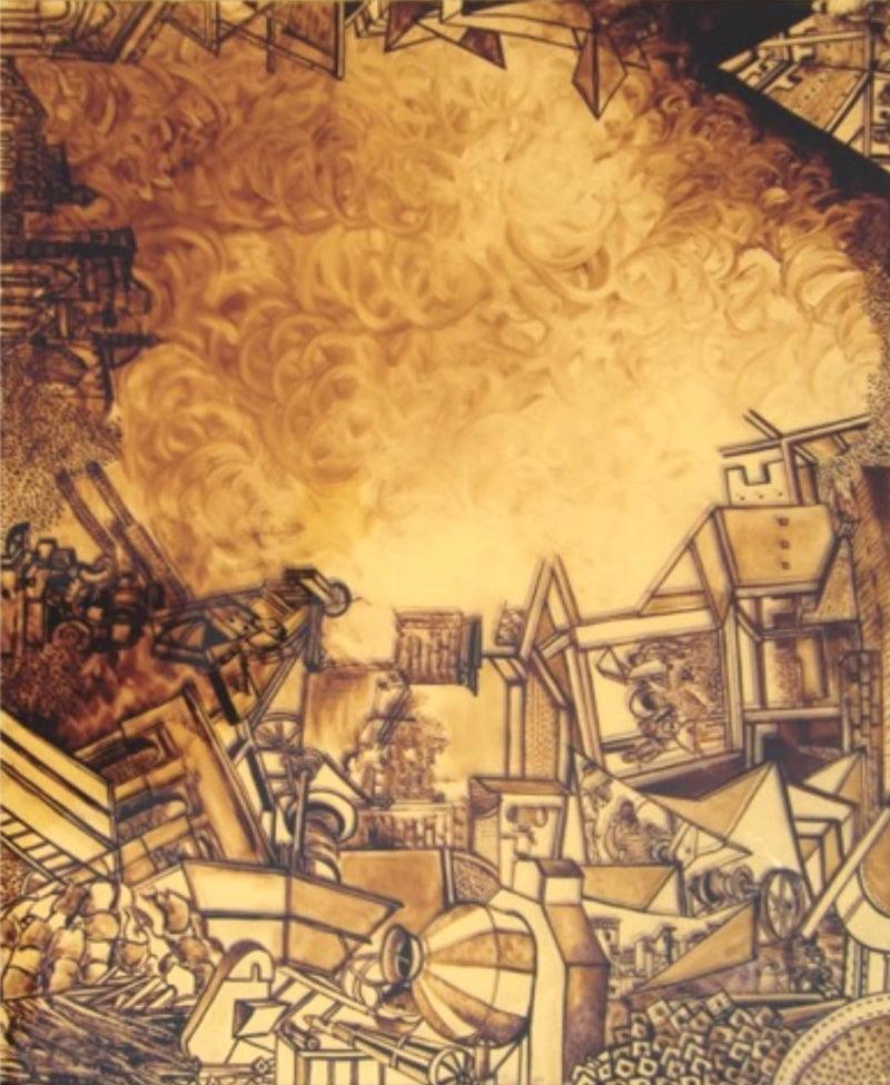 Cityscape mixed media painting titled 'My Construction 3', 30x24 inches, by artist Priyanka Das on Fiber Sheet