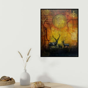 Sheetal Singh's 'My Deer' painting visualized above a sofa in a contemporary room.