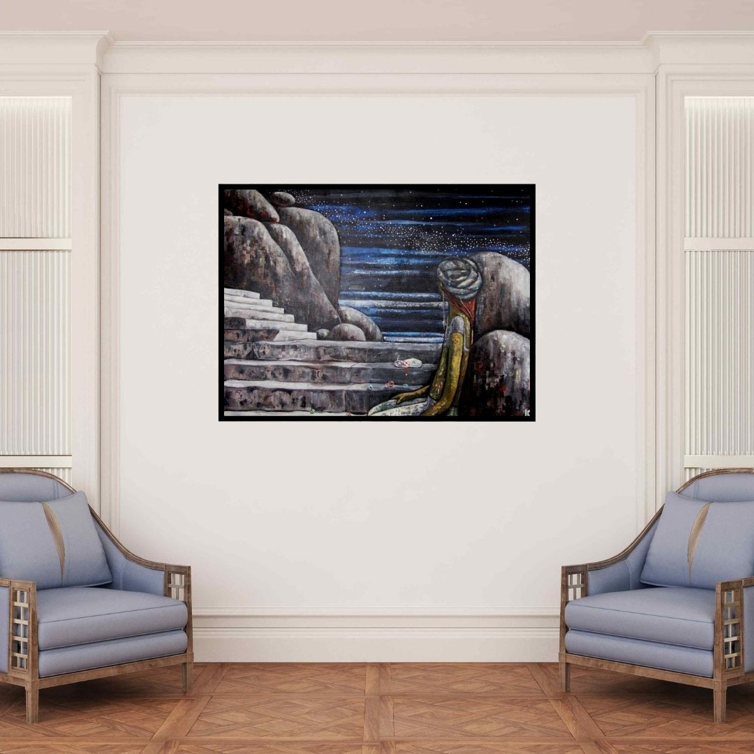 In-situ view of Suruchi Jamkar's 'My Existence' painting in a room