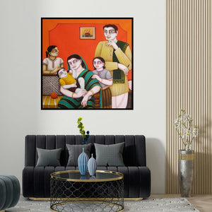 Gautam Mukherjee's 'My Family' painting visualized above a sofa in a contemporary room.