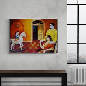 In-situ view of Gautam Mukherjee's 'My Family 3' painting in a room