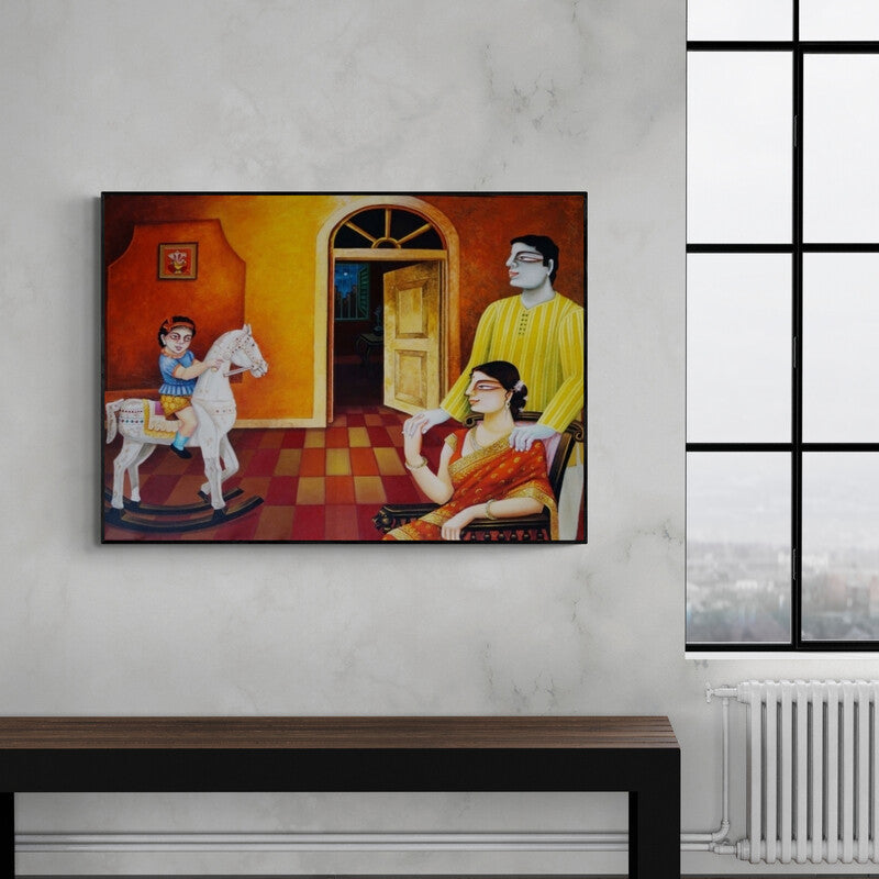 In-situ view of Gautam Mukherjee's 'My Family 3' painting in a room