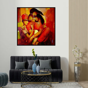 Samir Sarkar's 'My Family' painting visualized above a sofa in a contemporary room.