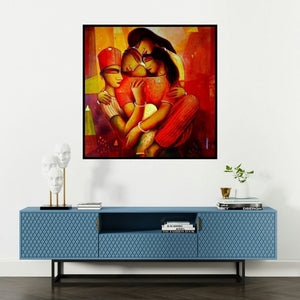 'My Family' painting by Samir Sarkar shown on a wall in a furnished room.