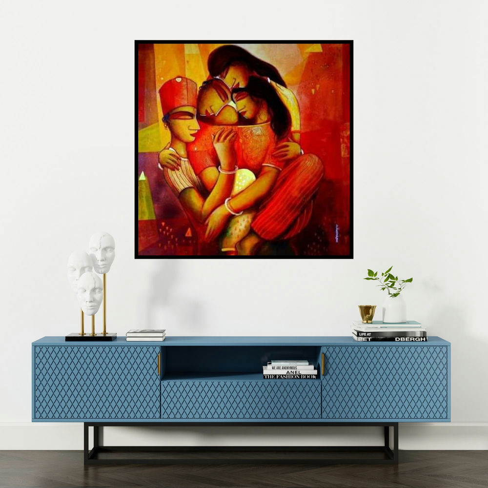 'My Family' painting by Samir Sarkar shown on a wall in a furnished room.
