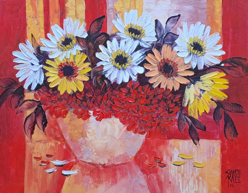 'My Flowers 3' nature oil painting by artist Swati Kale, 14x18 inch, on canvas
