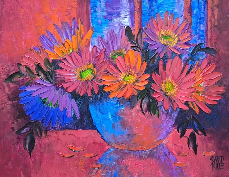 My Flowers' nature oil painting by artist Swati Kale, 14x18 inch, on canvas